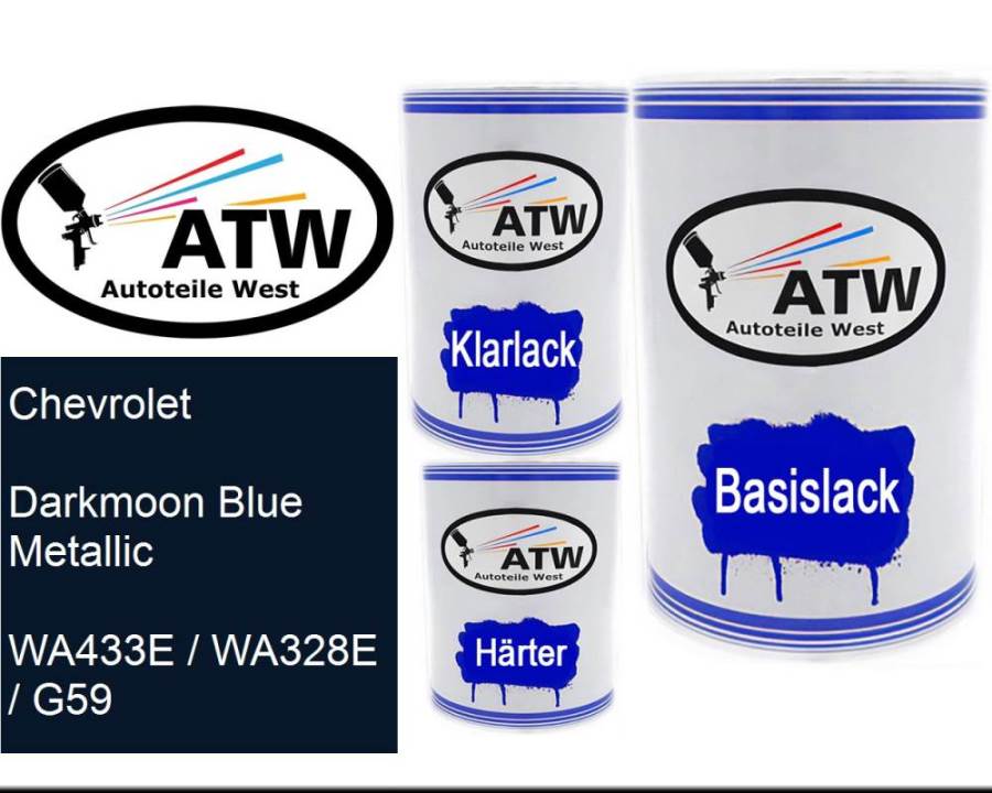 Chevrolet, Darkmoon Blue Metallic, WA433E / WA328E / G59: 500ml Lackdose + 500ml Klarlack + 250ml Härter - Set, von ATW Autoteile West.